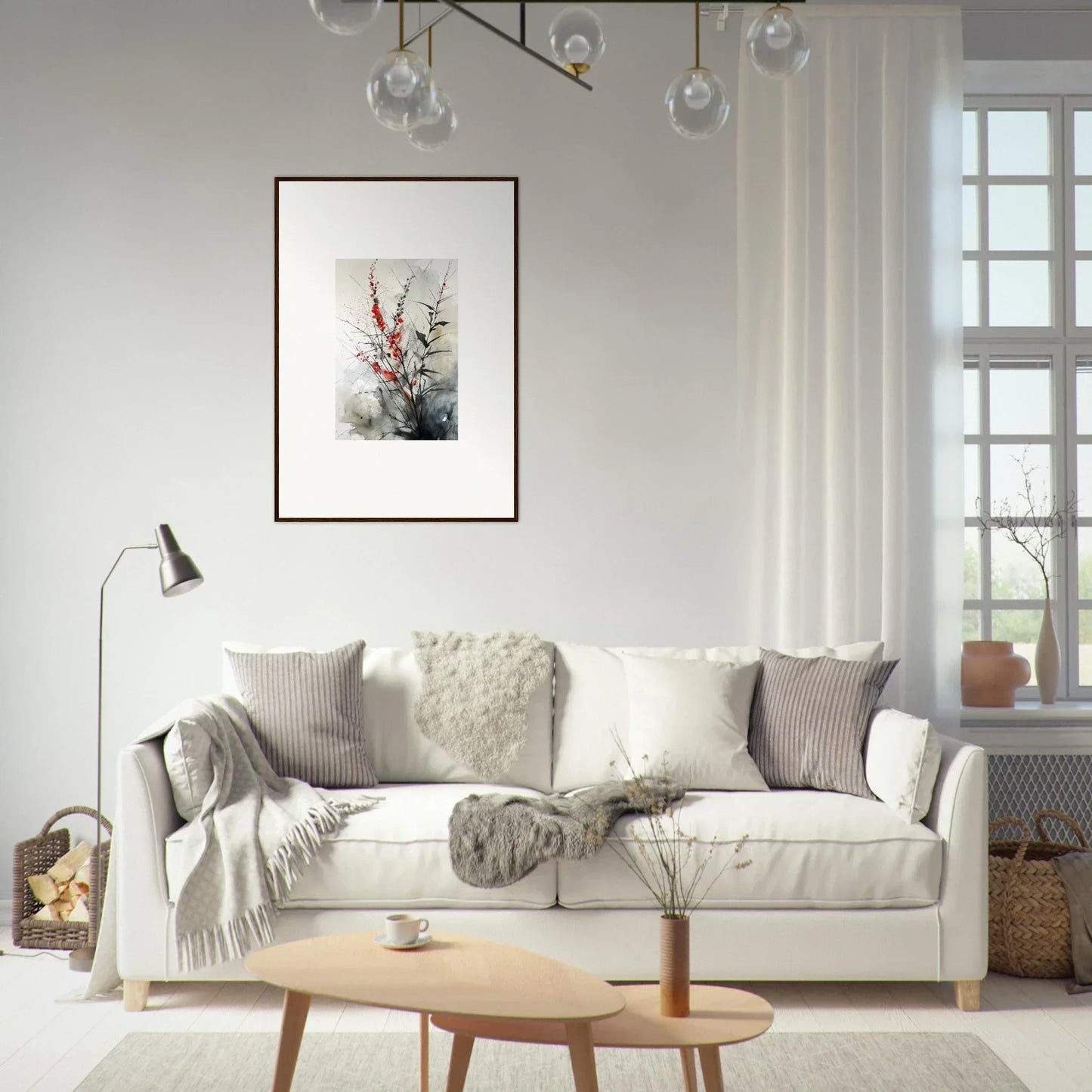 Cozy white sofa with throw pillows and blankets for botanical orchestra room decoration