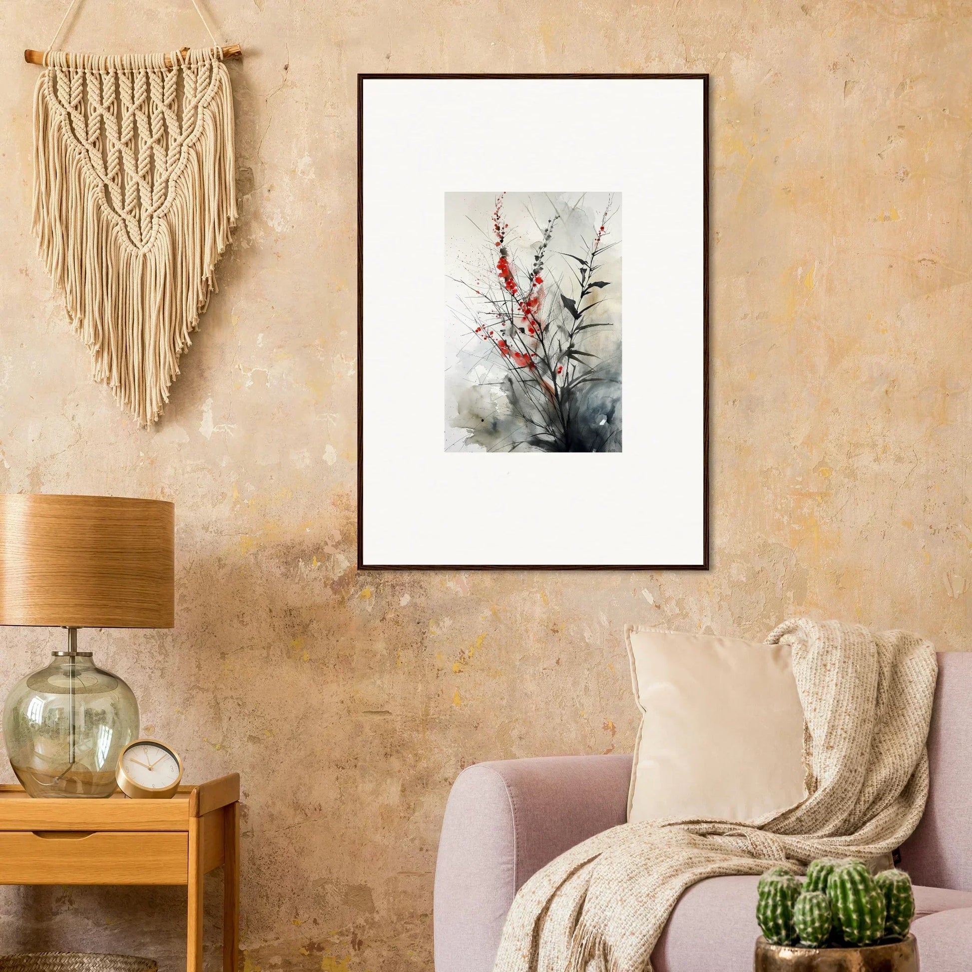 Framed watercolor of red-flowered branches, perfect for room decoration or canvas print