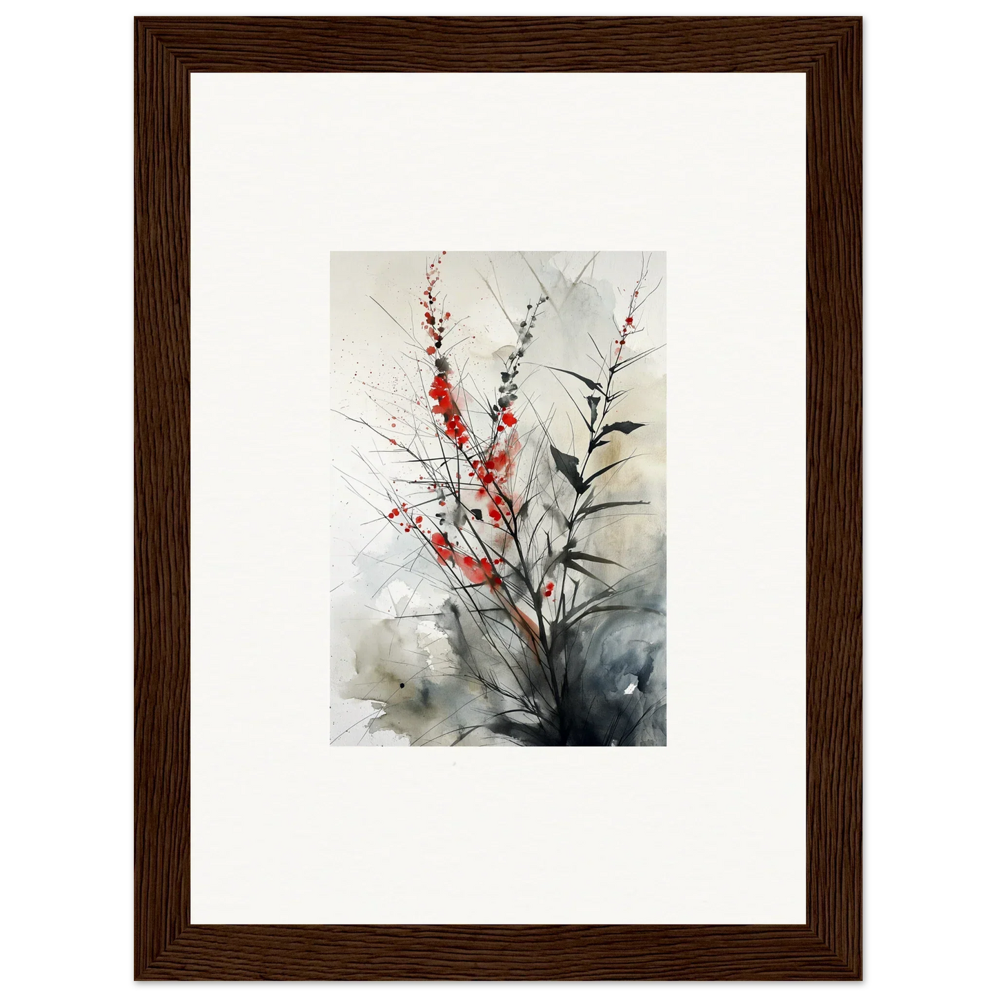 Framed watercolor of red flowers, perfect for room decoration and botanical orchestra vibes