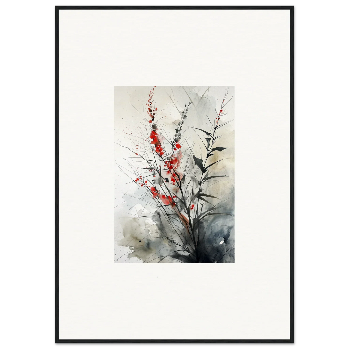 Framed watercolor painting of red flowers, perfect for room decoration or canvas print