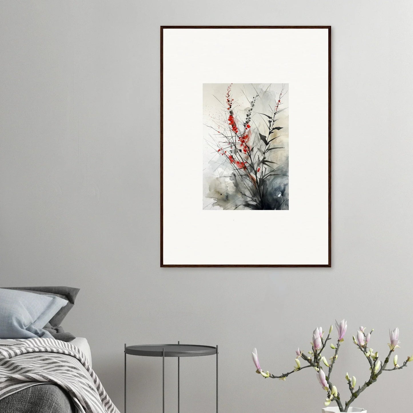 Framed watercolor of red and white flowers for a lovely botanical orchestra room decoration