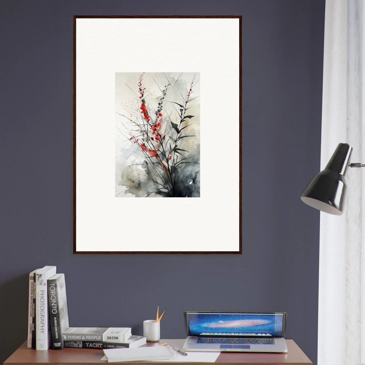 Framed watercolor of delicate red flowers for your botanical orchestra room decoration