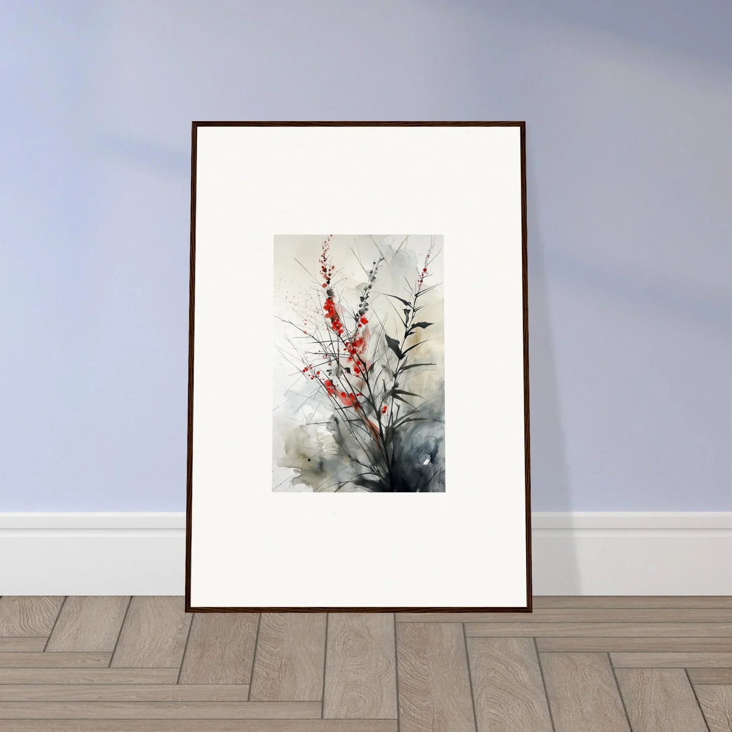 Framed watercolor painting of red and white flowers, perfect for room decoration