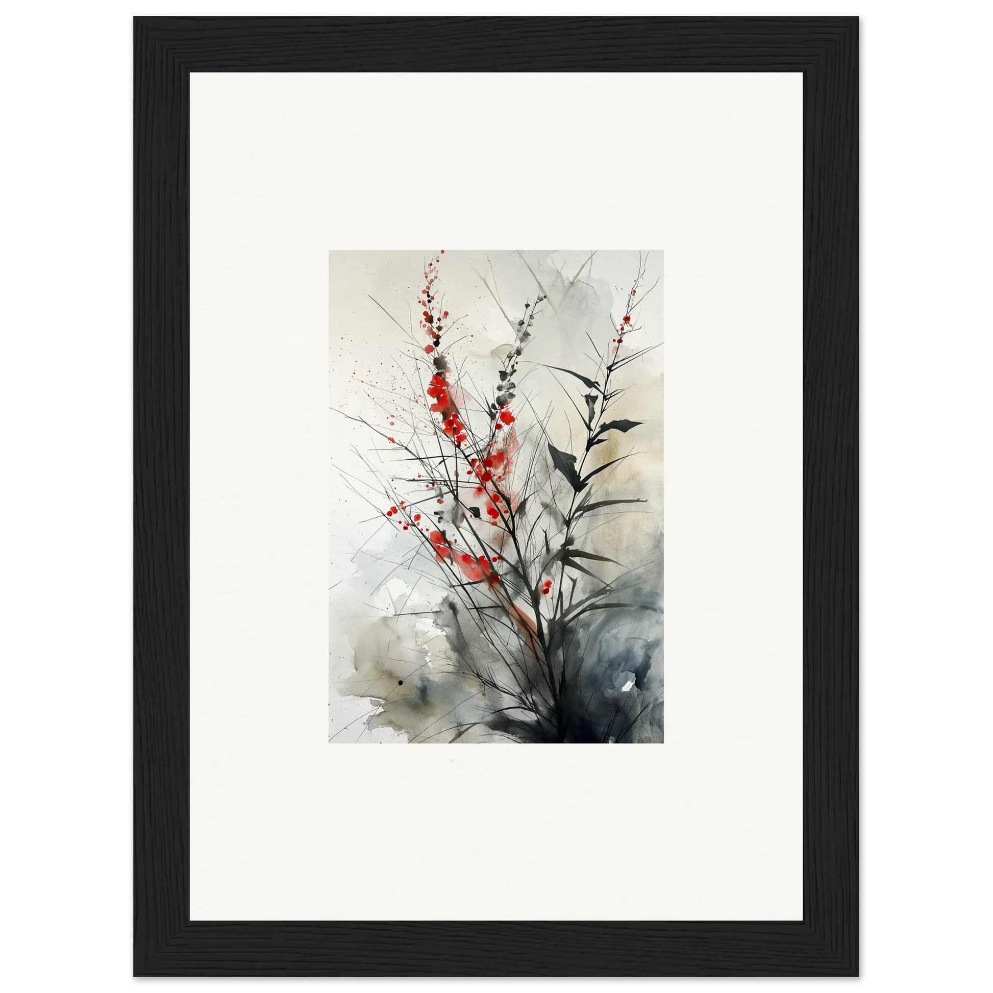 Framed watercolor of red and white floral branches for a stunning room decoration