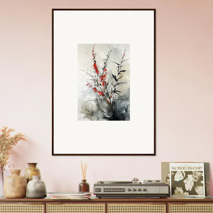 Framed watercolor of red and white flowers, perfect for botanical orchestra room decoration