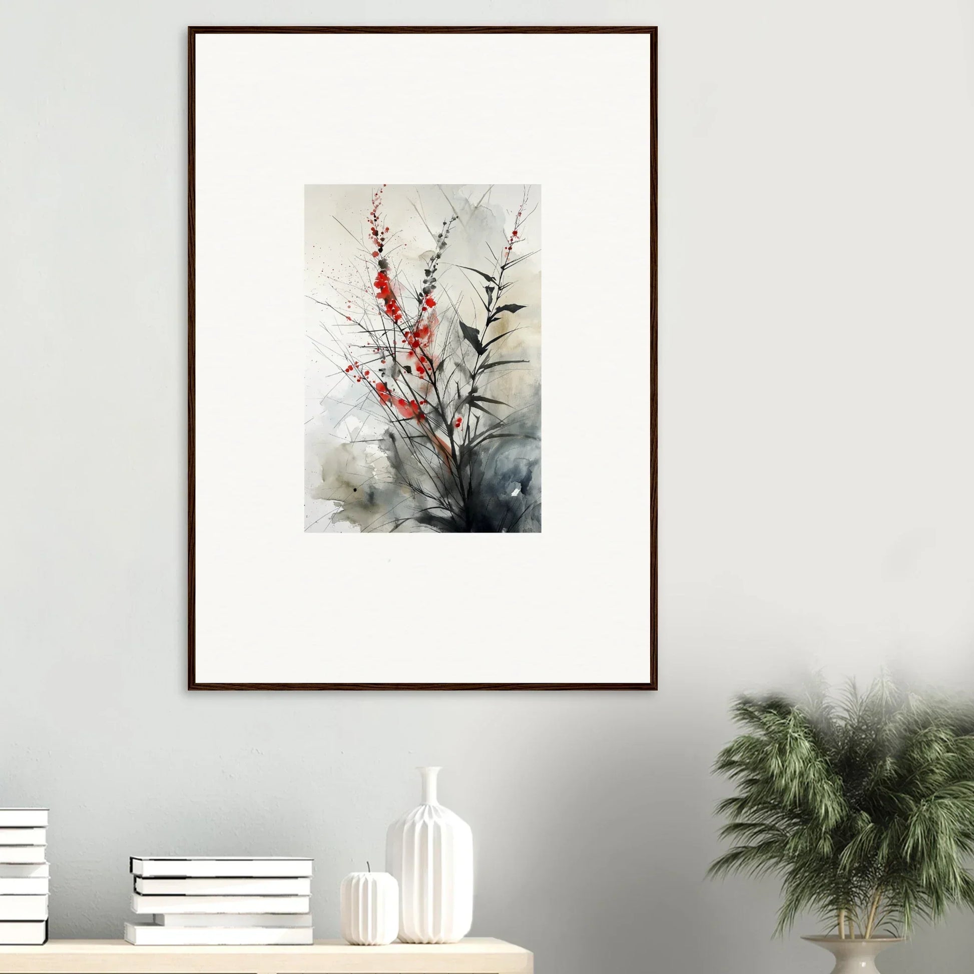 Framed watercolor of floral branches with red blossoms for vibrant room decoration