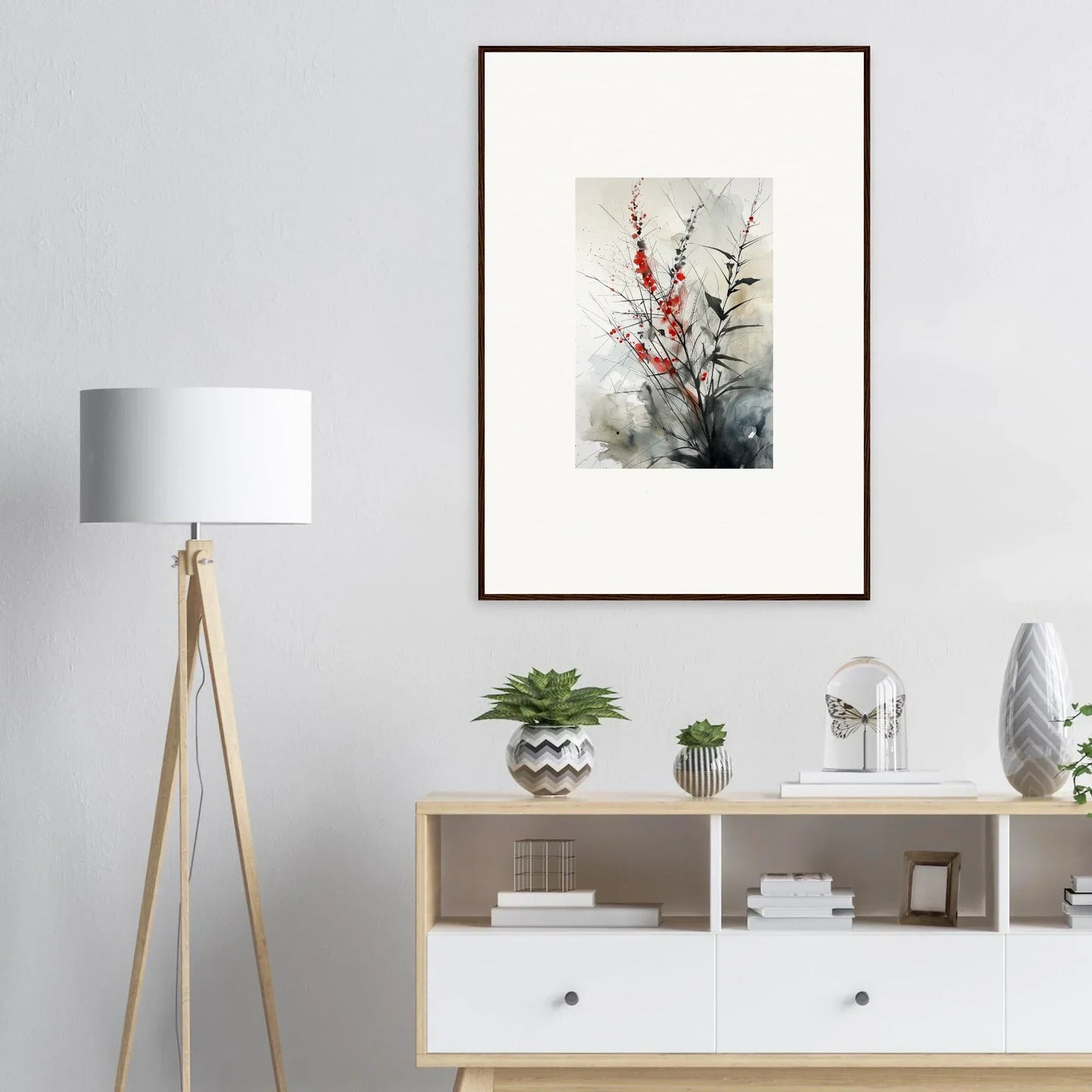 Framed watercolor of floral branches in Red for a stunning botanical orchestra room decoration