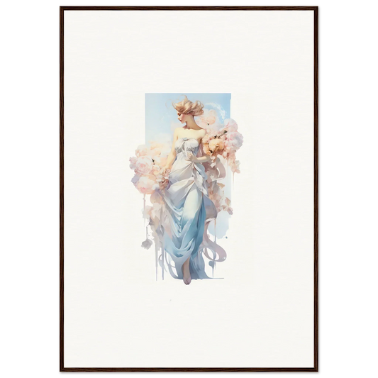 Elegant woman in a blue dress holding flowers in an Ethereal Bouquet Waltz canvas print