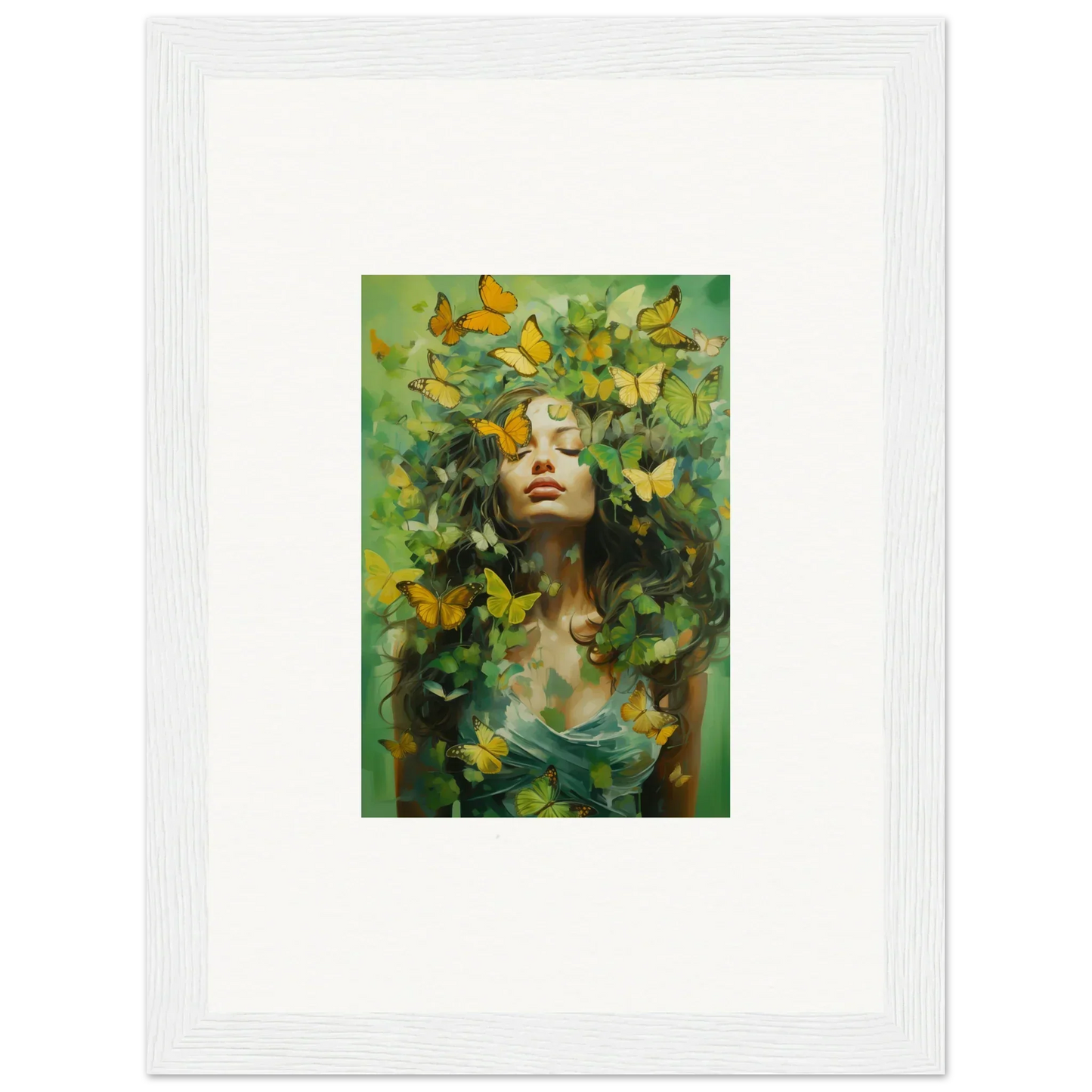 Vibrant canvas print of a woman in chrysalis ecstasy with butterflies for room decoration