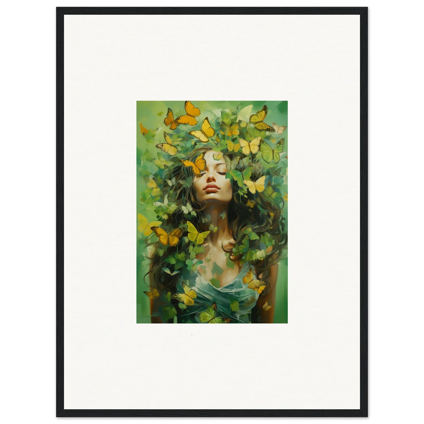 Framed canvas print of a woman with butterflies for dreamy room decoration