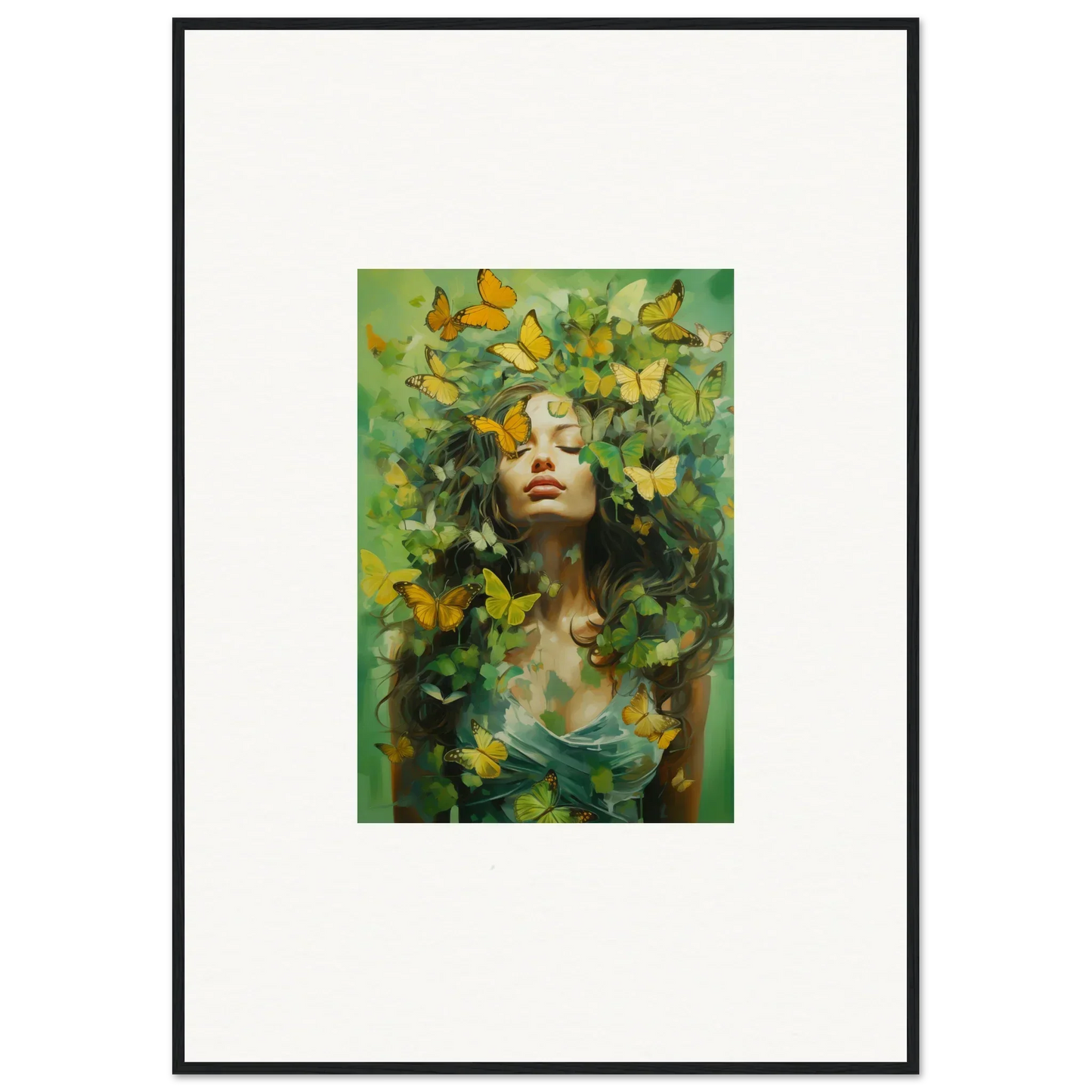 Framed canvas print of a woman in Chrysalis Ecstasy with butterflies and foliage