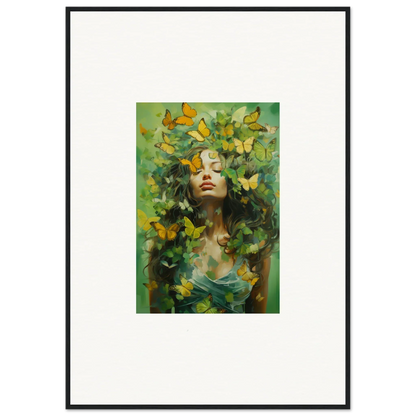 Framed canvas print of a woman in Chrysalis Ecstasy with butterflies and foliage