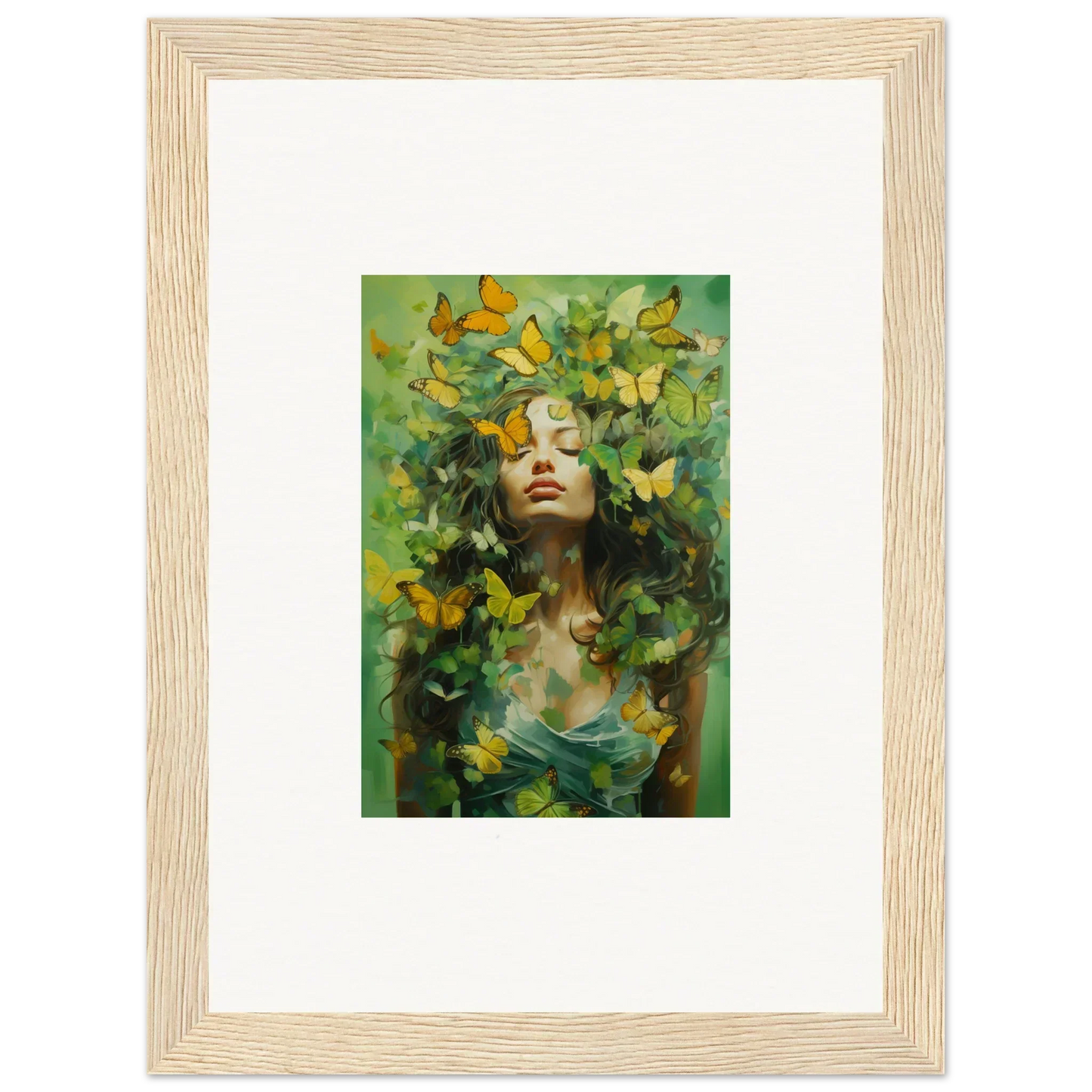 Framed canvas print of a woman amid yellow butterflies, perfect for room decoration