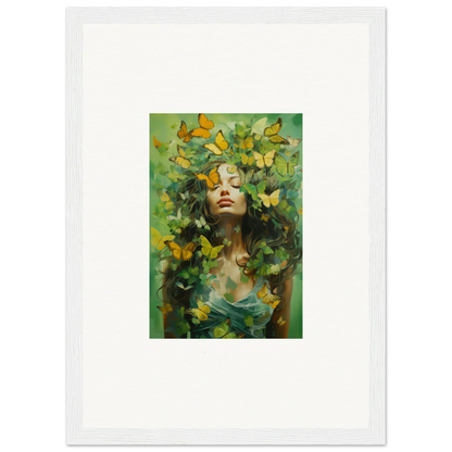 Vibrant canvas print of a woman in foliage with butterflies, perfect for room decoration