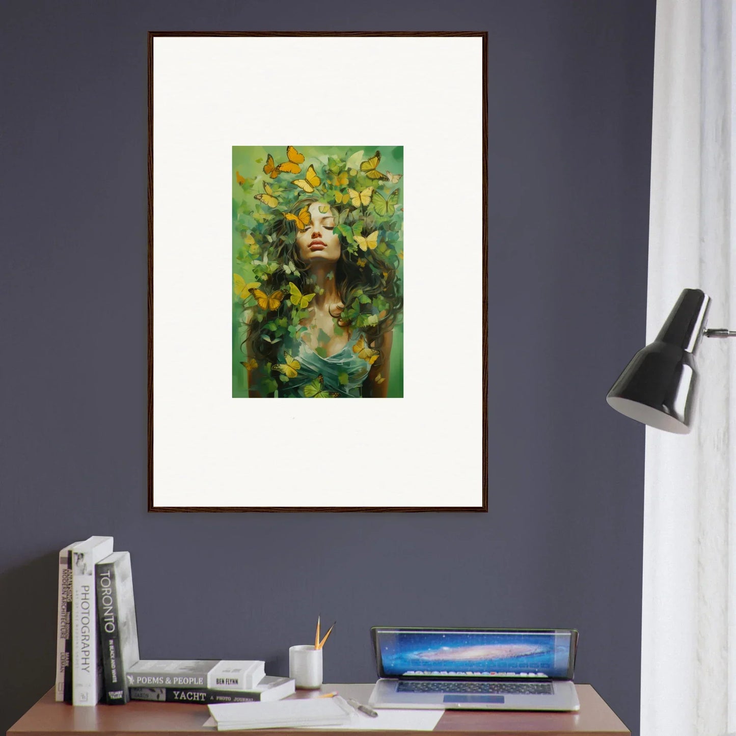 Framed canvas print of a figure with foliage hair for a colorful room decoration