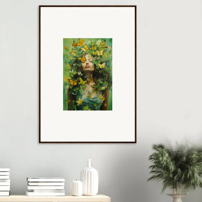 Framed canvas print of a woman’s face with green leaves and yellow flowers for room decoration