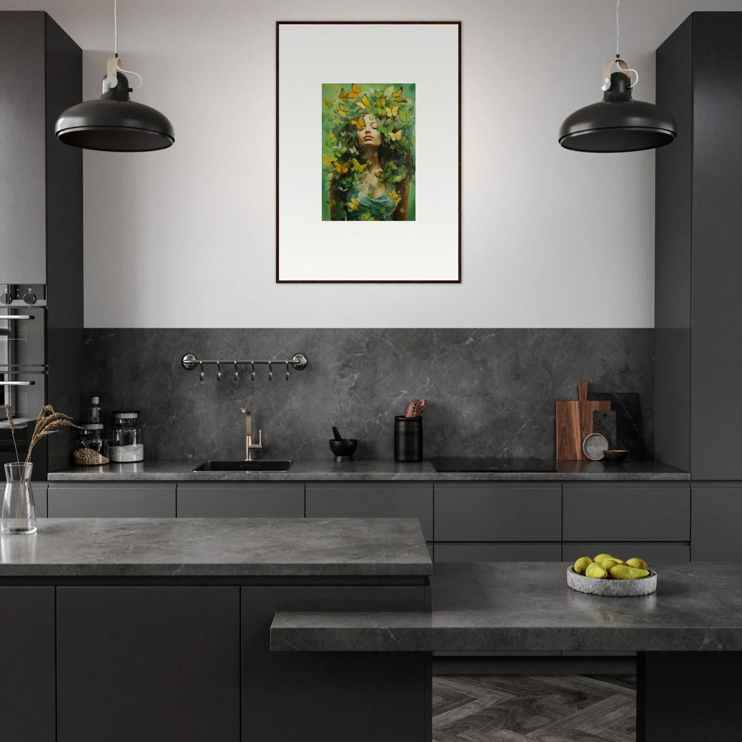 Modern kitchen with dark gray cabinets, pendant lights, and a canvas print of Chrysalis Ecstasy