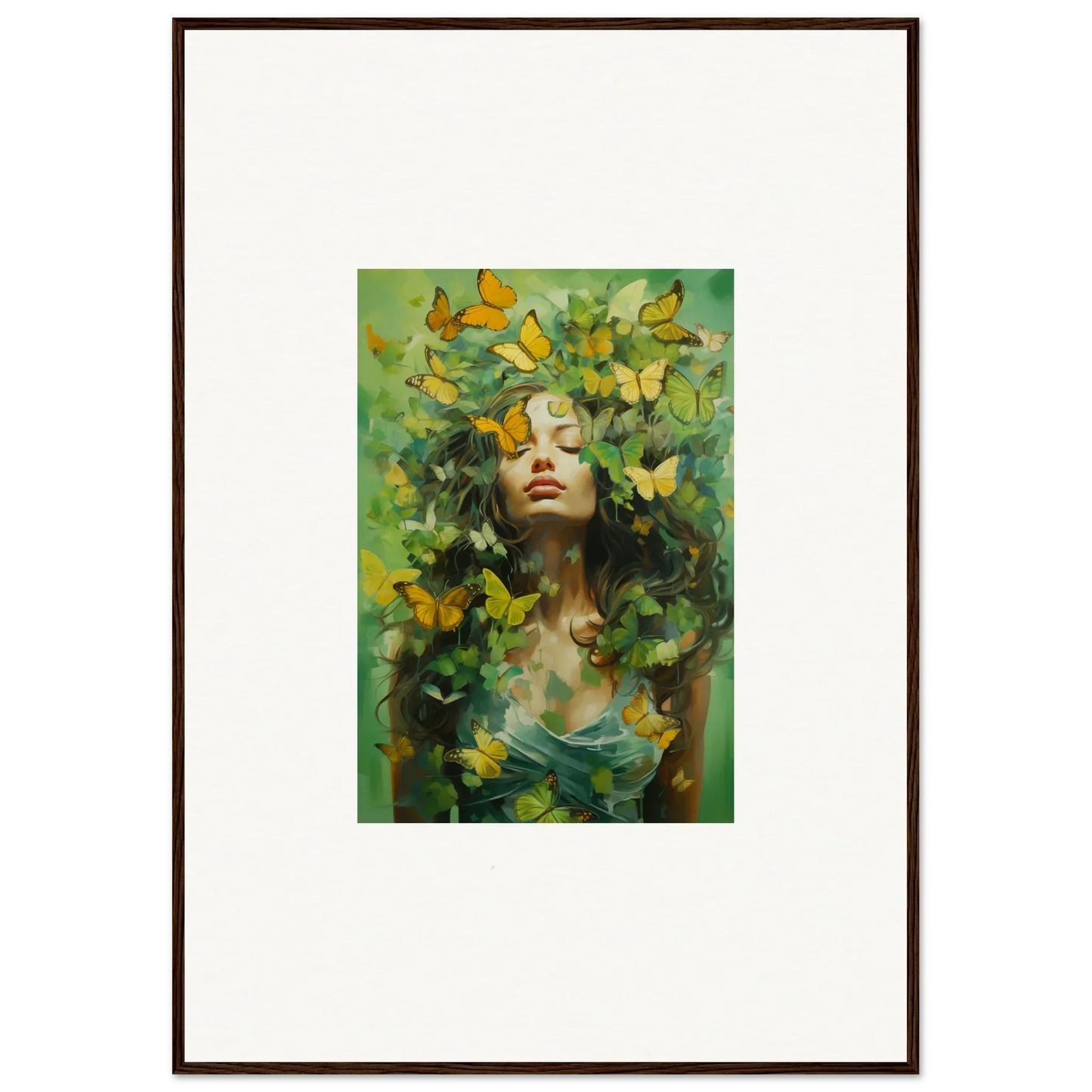 Framed canvas print of a woman’s face with vibrant butterflies for room decoration