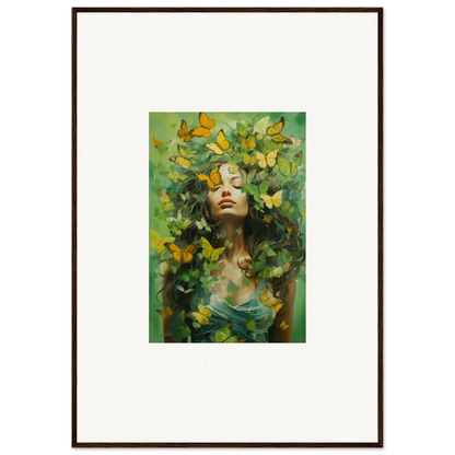 Framed canvas print of a woman’s face with vibrant butterflies for room decoration