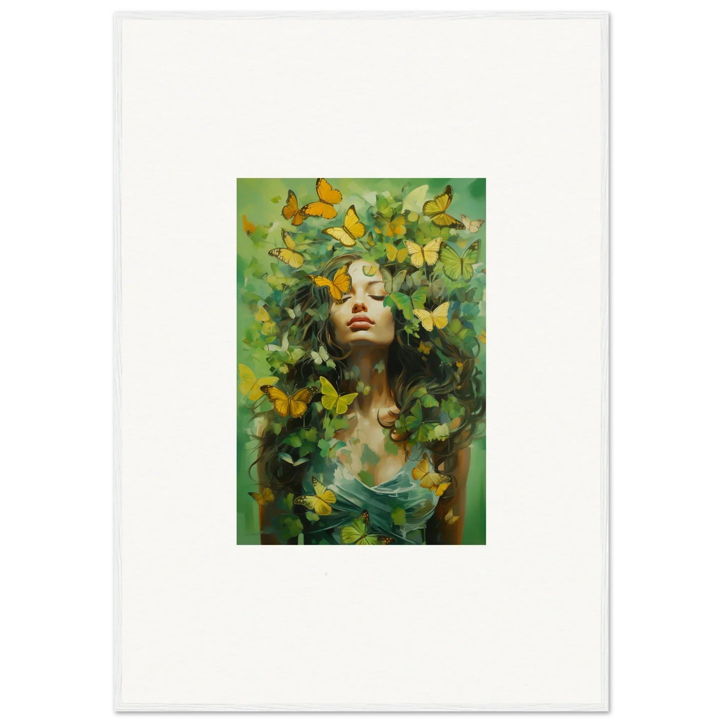 Vibrant canvas print of a woman in Chrysalis Ecstasy with yellow butterflies and greenery