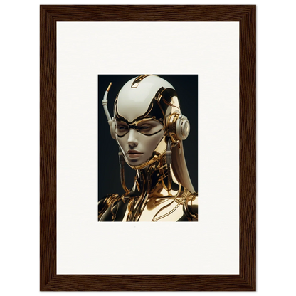 Futuristic robotic head with gold features, ideal for Botanical Sonata room decor