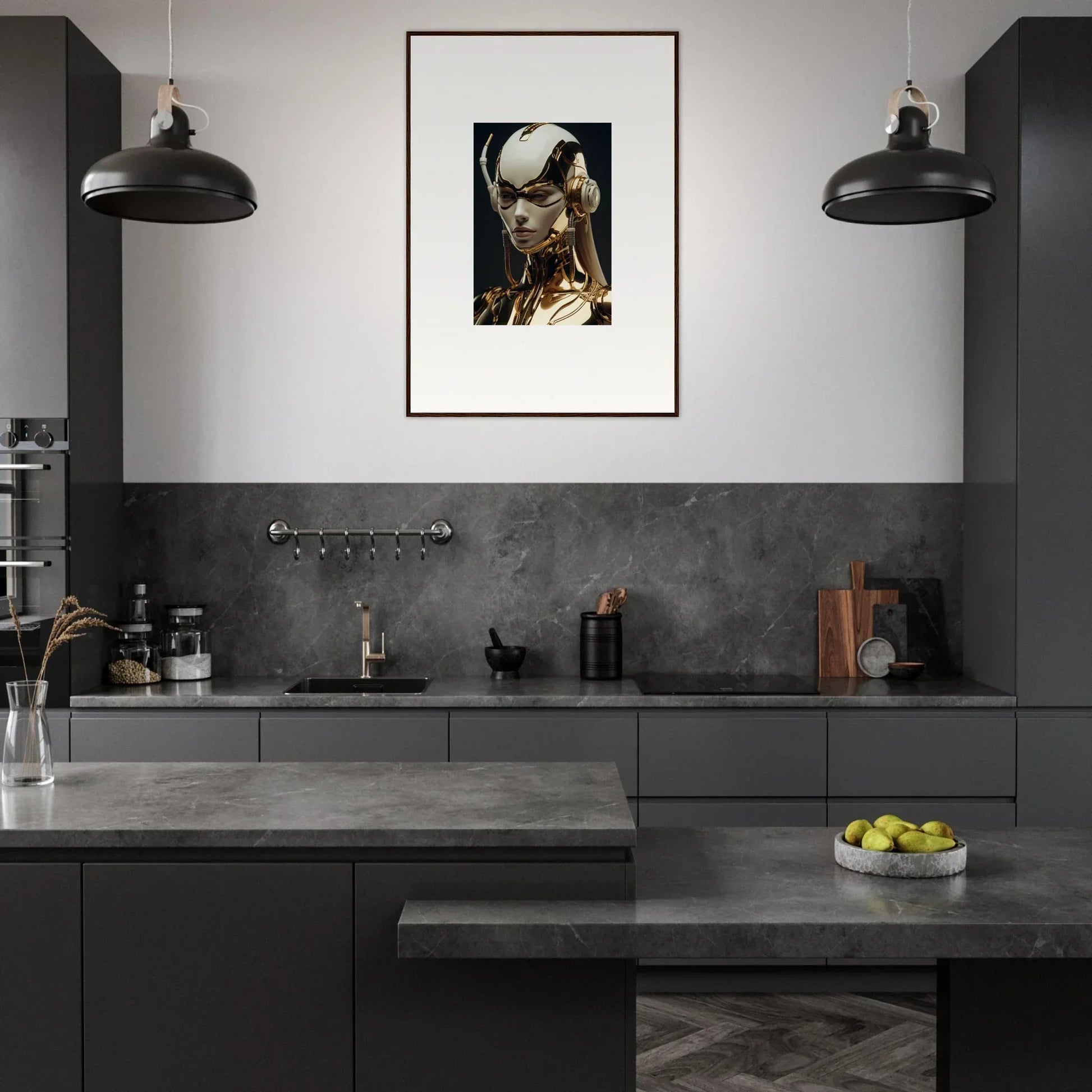 Modern kitchen with dark cabinetry, concrete countertops, and industrial pendant lights