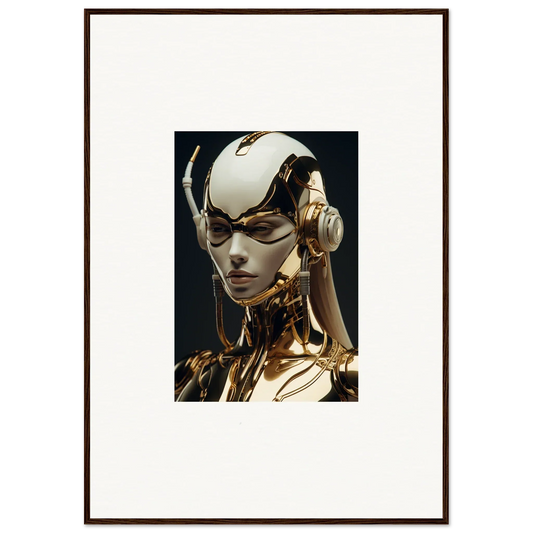 Futuristic robotic humanoid head in gold and white, ideal for Botanical Sonata room decor