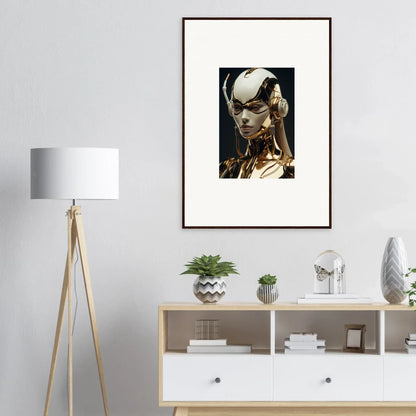 Framed wall art of a metallic humanoid with ornate headpiece for botanical sonata room decor