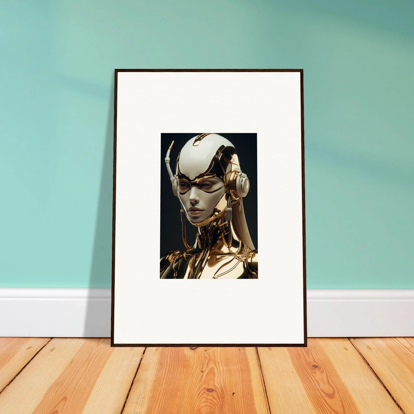 Framed wall art of a futuristic robotic head for modern botanical sonata room decor