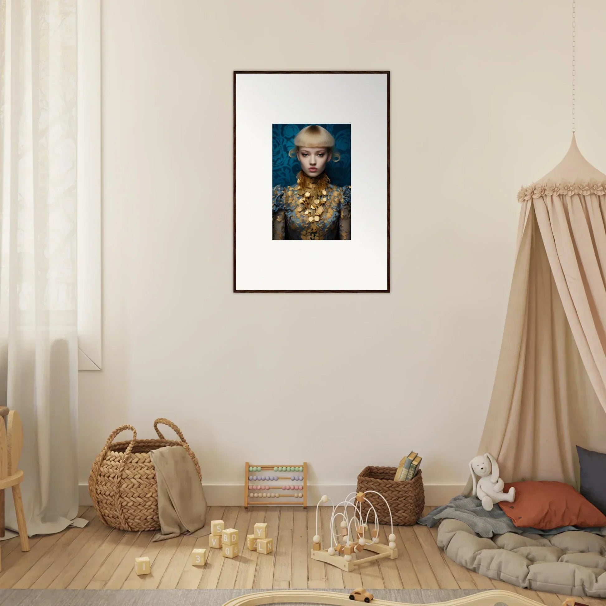 Framed wall art of a young person with blonde hair and gold jewelry for room decor