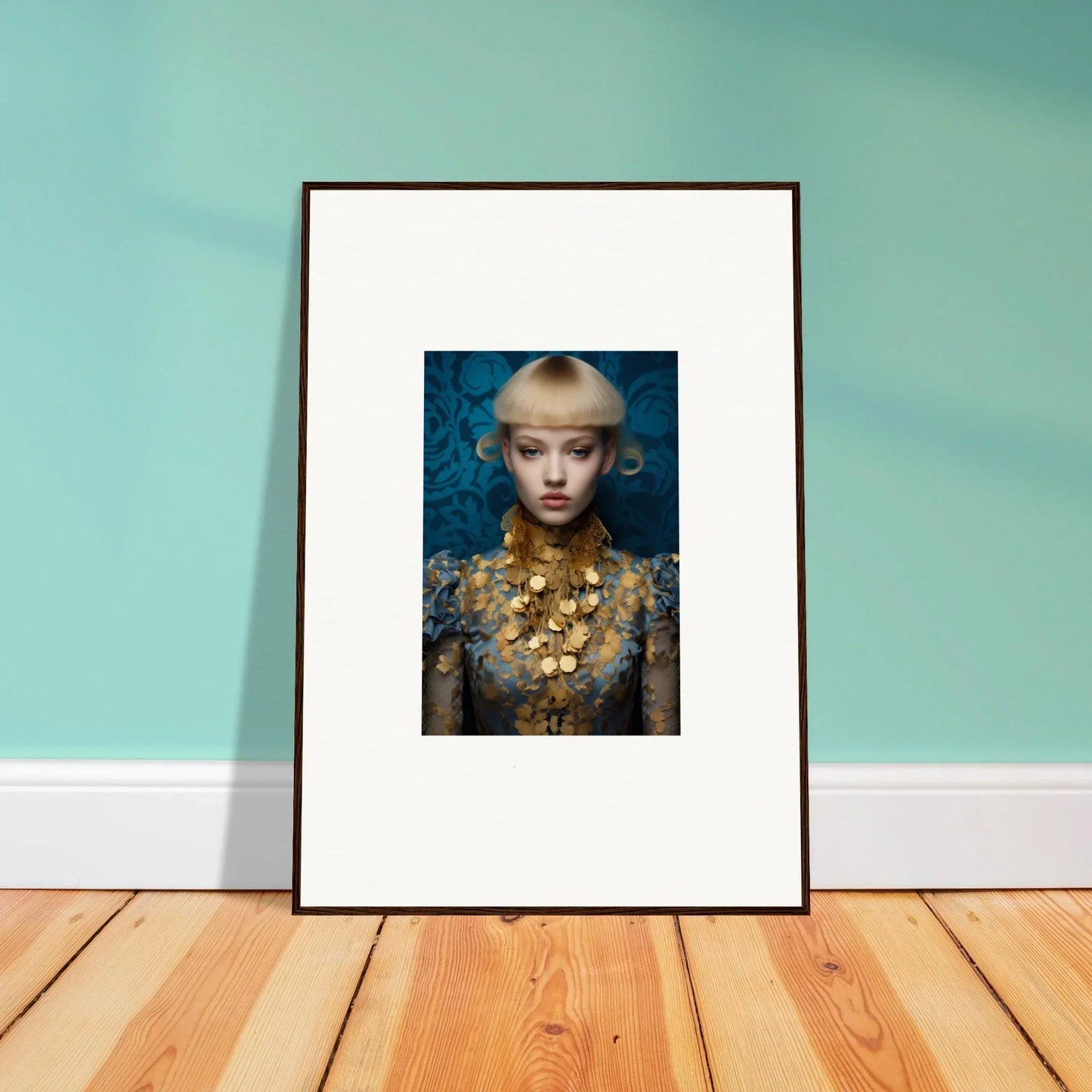 Framed wall art of a person in ornate gold jewelry with delicate blossom details