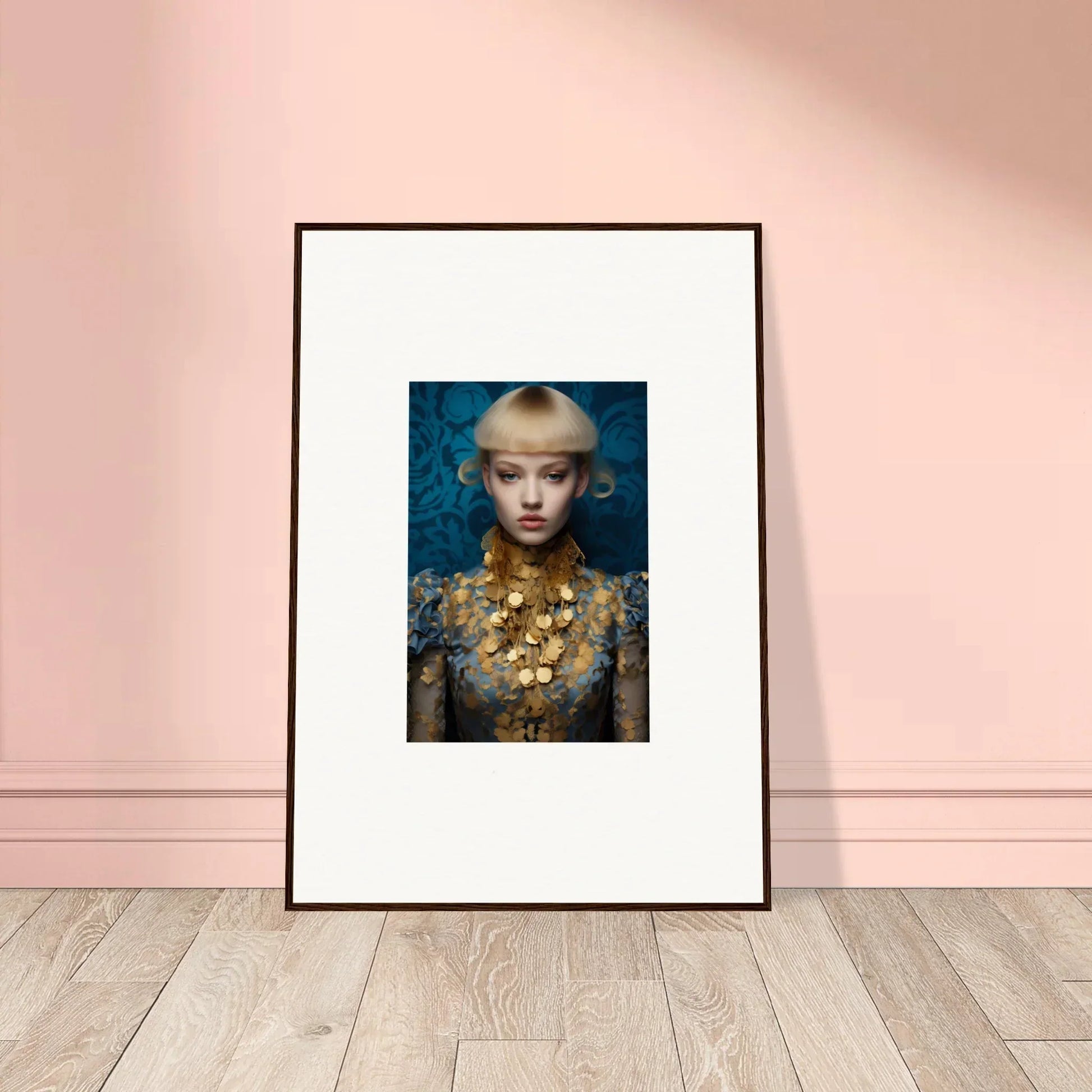 Framed wall art featuring a person with blonde hair and ornate gold jewelry against blue