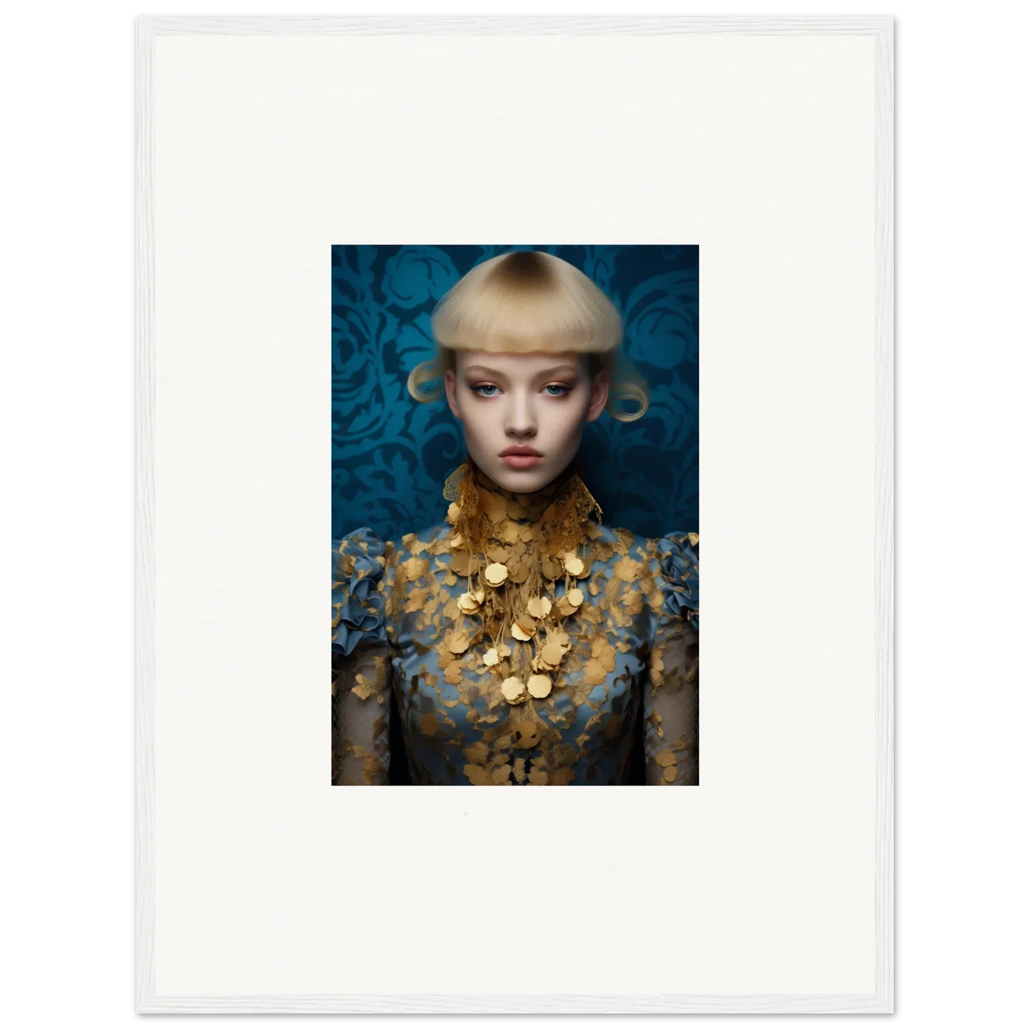 Young woman in gold jewelry on blue, perfect for Delicate Blossom room decor or framed wall art