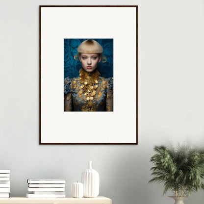 Framed wall art of a woman with blonde hair in gold jewelry for elegant room decor