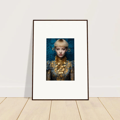 Framed wall art featuring a person in ornate gold jewelry on blue background, perfect room decor