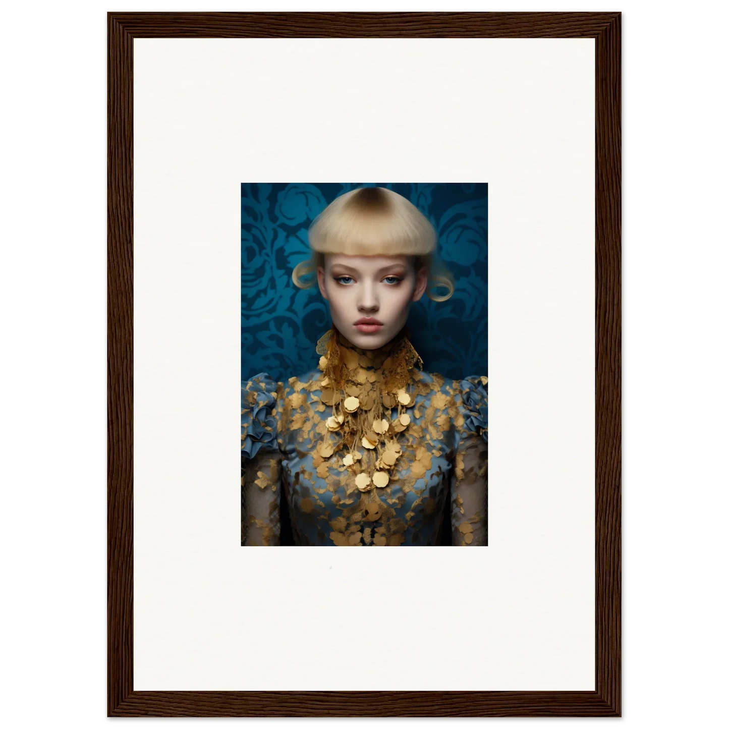 Portrait of a person in ornate attire on blue, ideal for Ethereal Delicate Blossom room decor