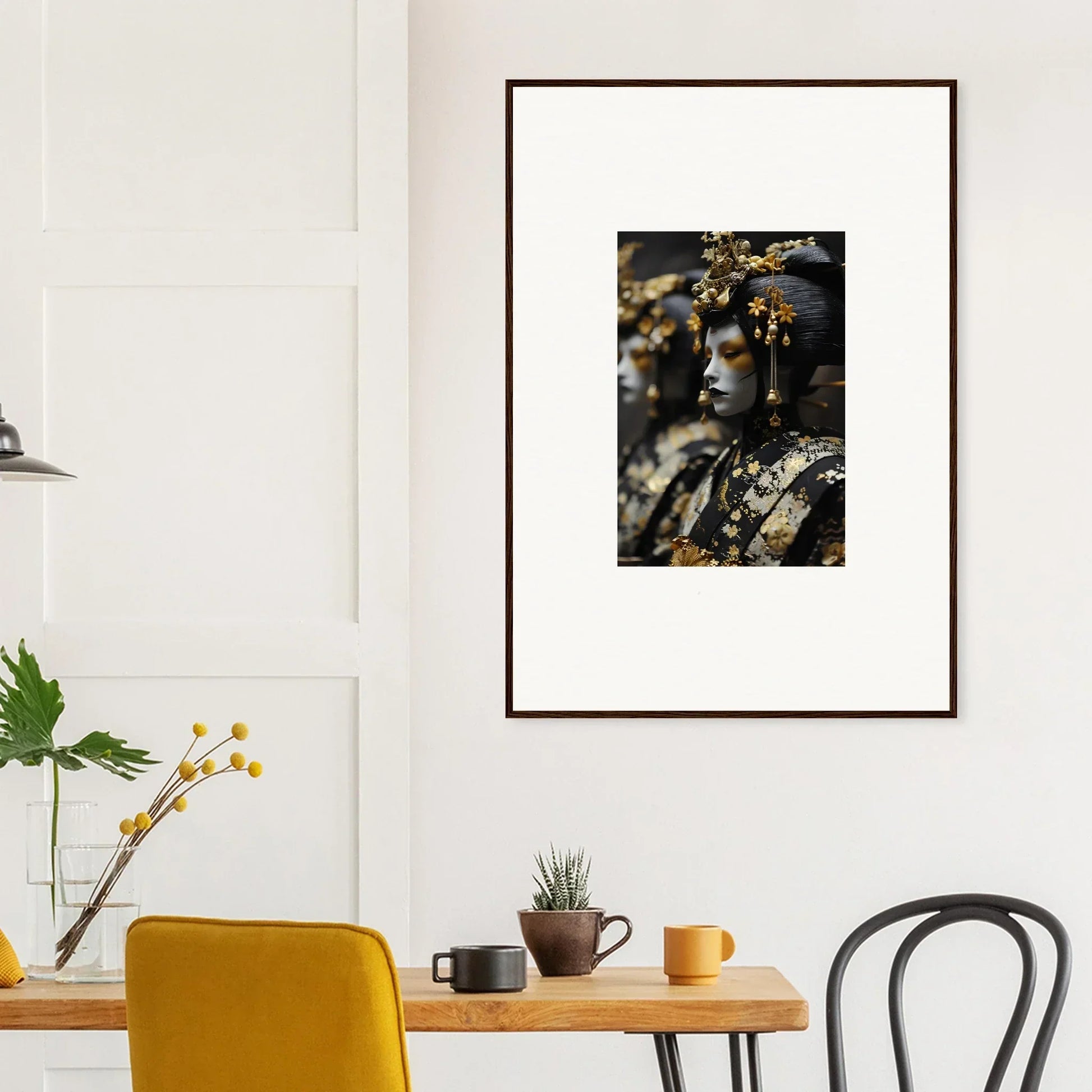 Framed photograph of a golden-accented statue in a shadowy setting for room decoration