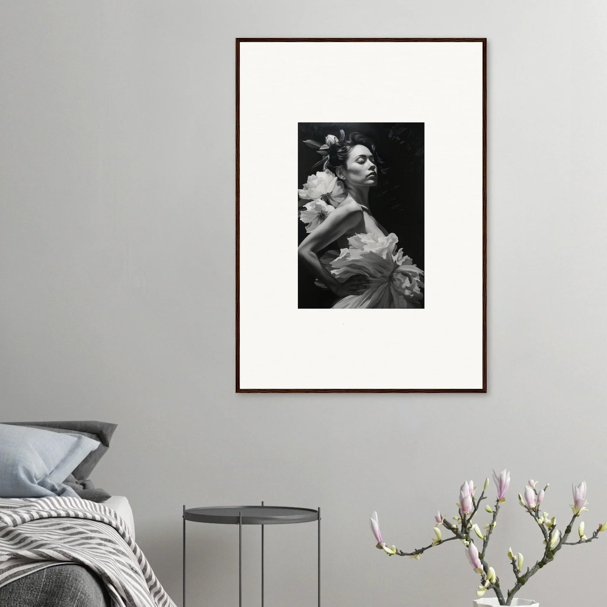 Framed black and white photo of two people for dreamy room decoration, canvas print