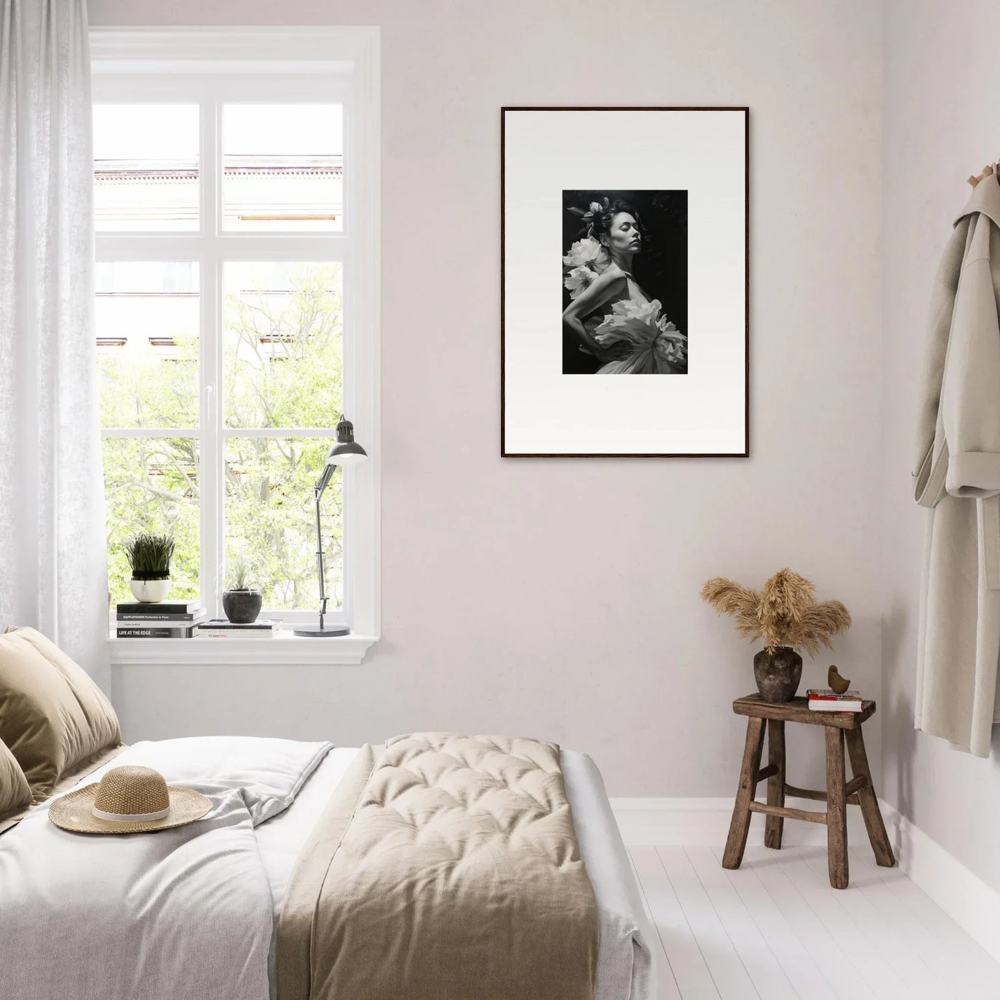 Cozy bedroom with neutral decor and a canvas print of Dreams Blossoming on the wall