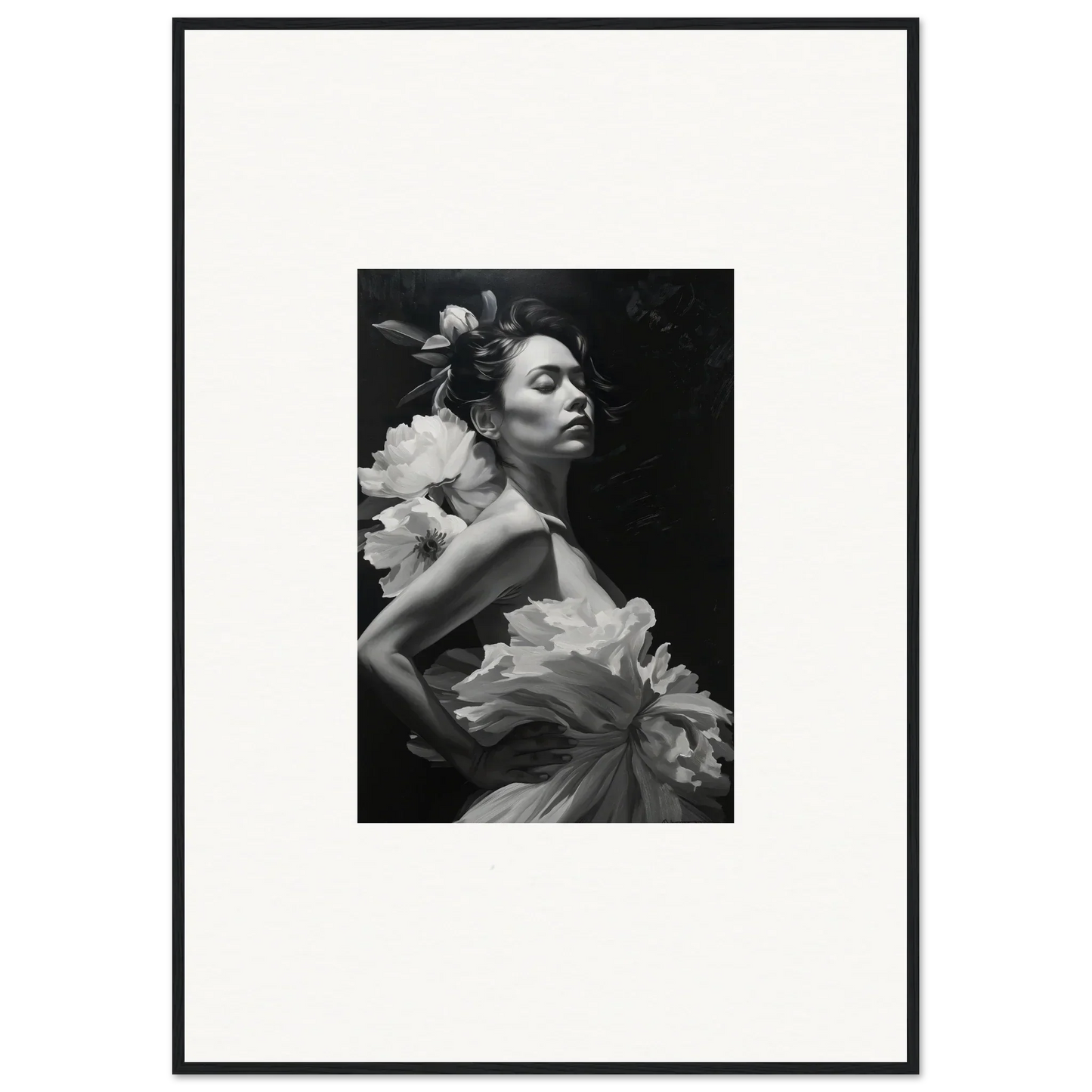 Black and white photo of a woman in a ruffled dress for dreamy room decoration