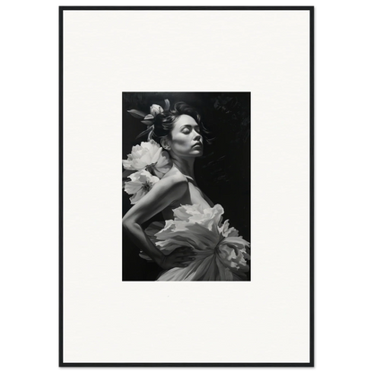 Black and white photo of a woman in a ruffled dress for dreamy room decoration