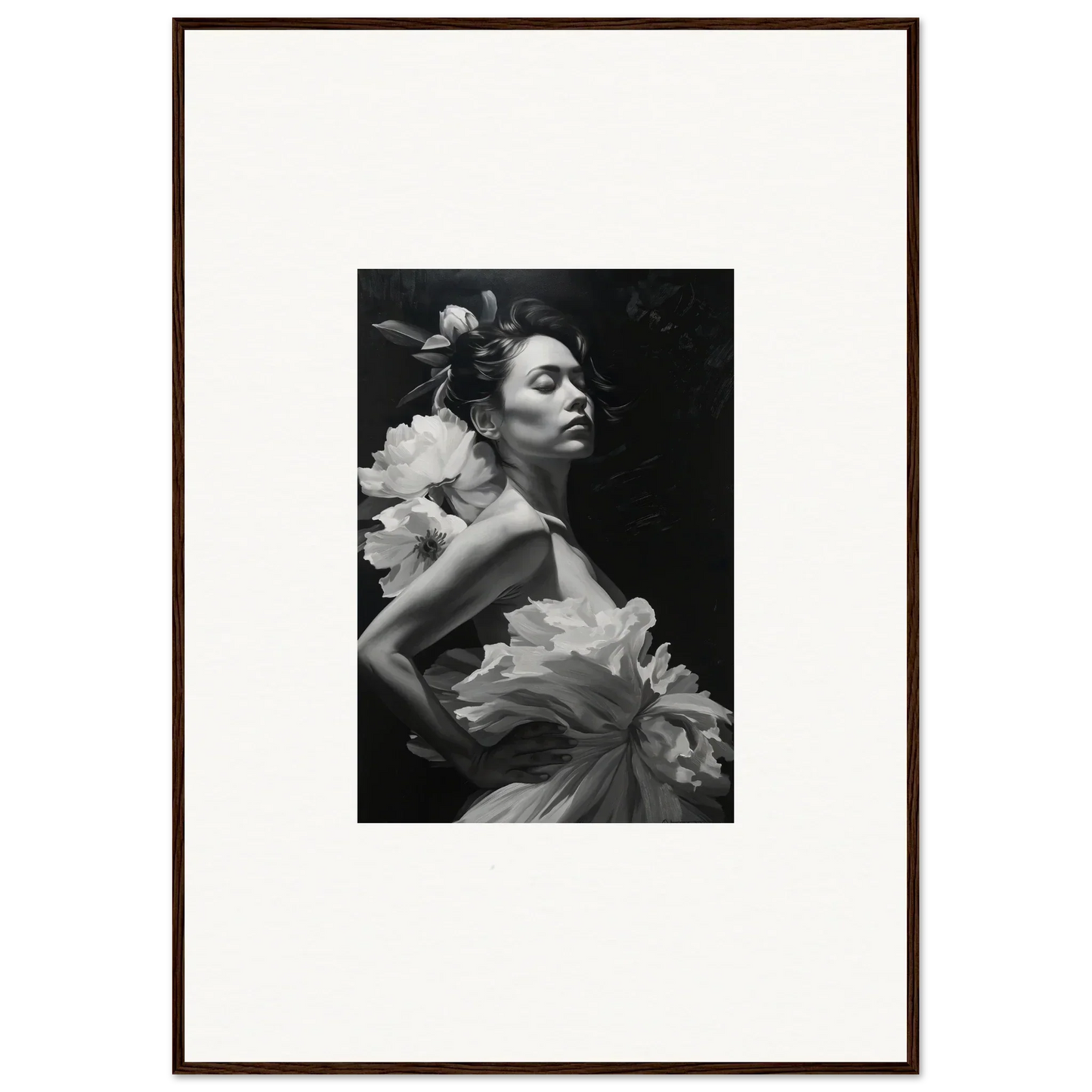 Elegant black and white photo of a woman in ruffled dress for dreamy room decoration