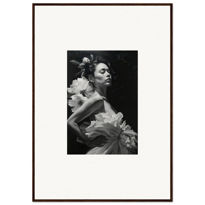 Elegant black and white photo of a woman in ruffled dress for dreamy room decoration