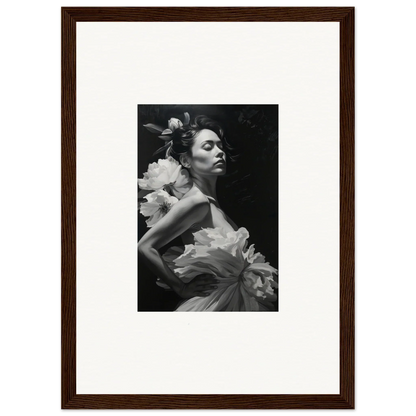 Black and white photo of a woman with flowers in a wooden frame, perfect for dreams blossoming room decoration