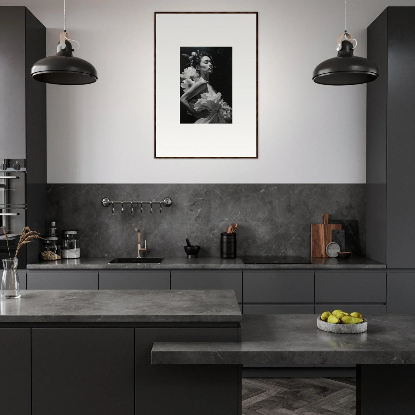 Modern kitchen with dark cabinetry, gray countertops, and a canvas print of Dreams Blossoming