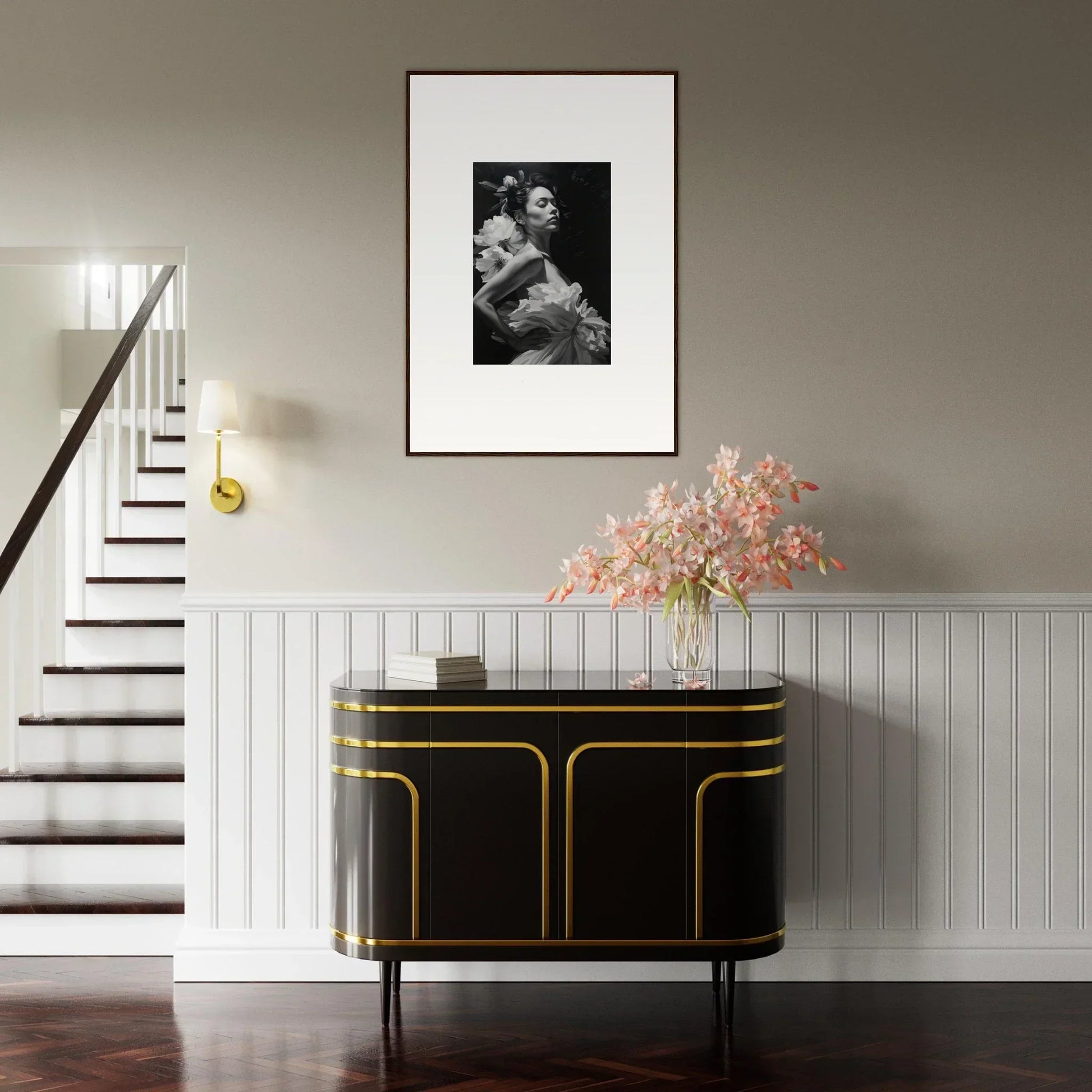 Elegant black sideboard with gold trim for stylish room decoration and dreams blossoming vibes