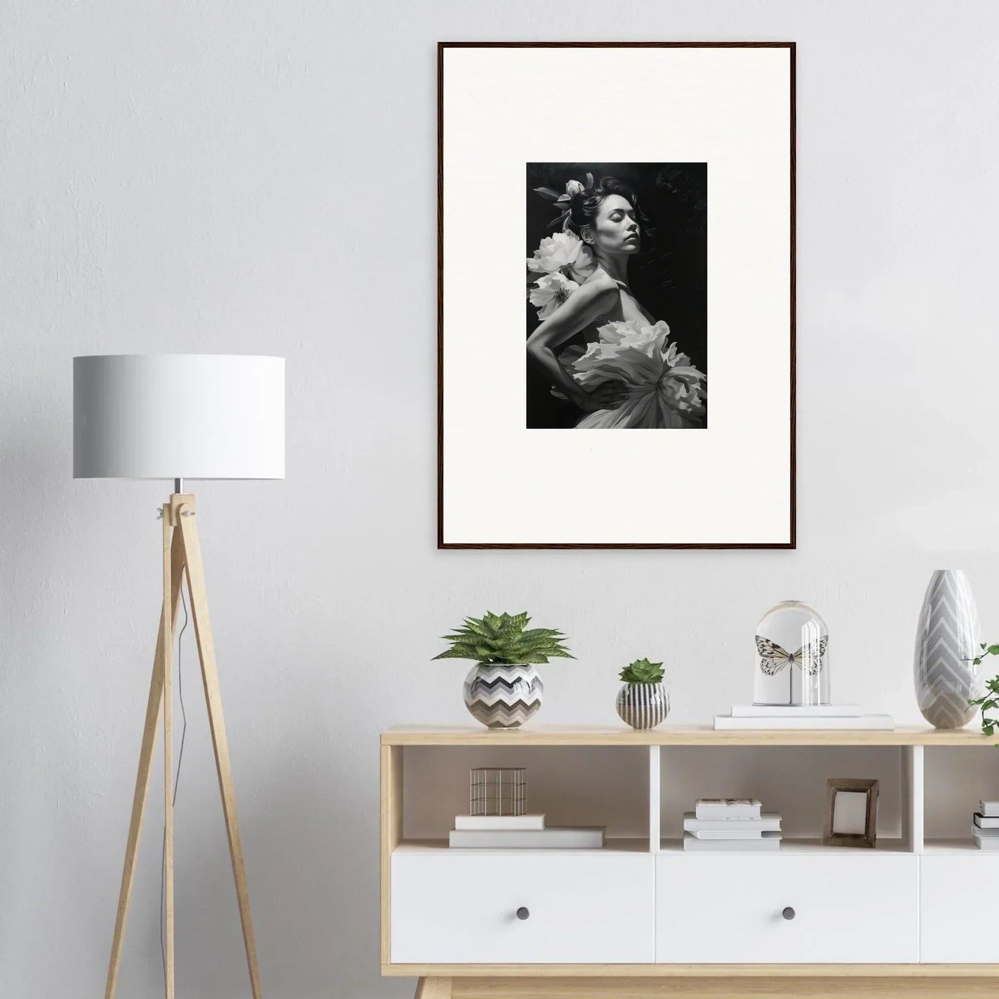 Framed black and white photo of someone holding flowers for dreamy room decoration