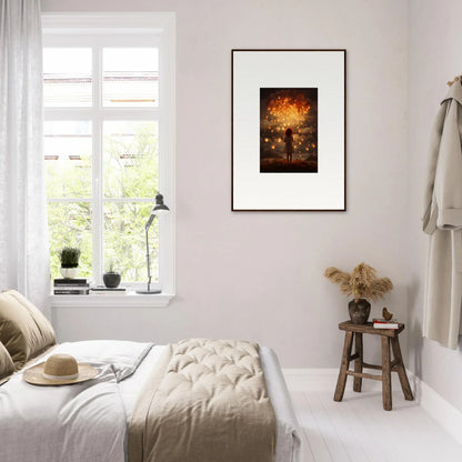 Minimalist bedroom with pale walls showcasing Ethereal Dreams premium framed wall art