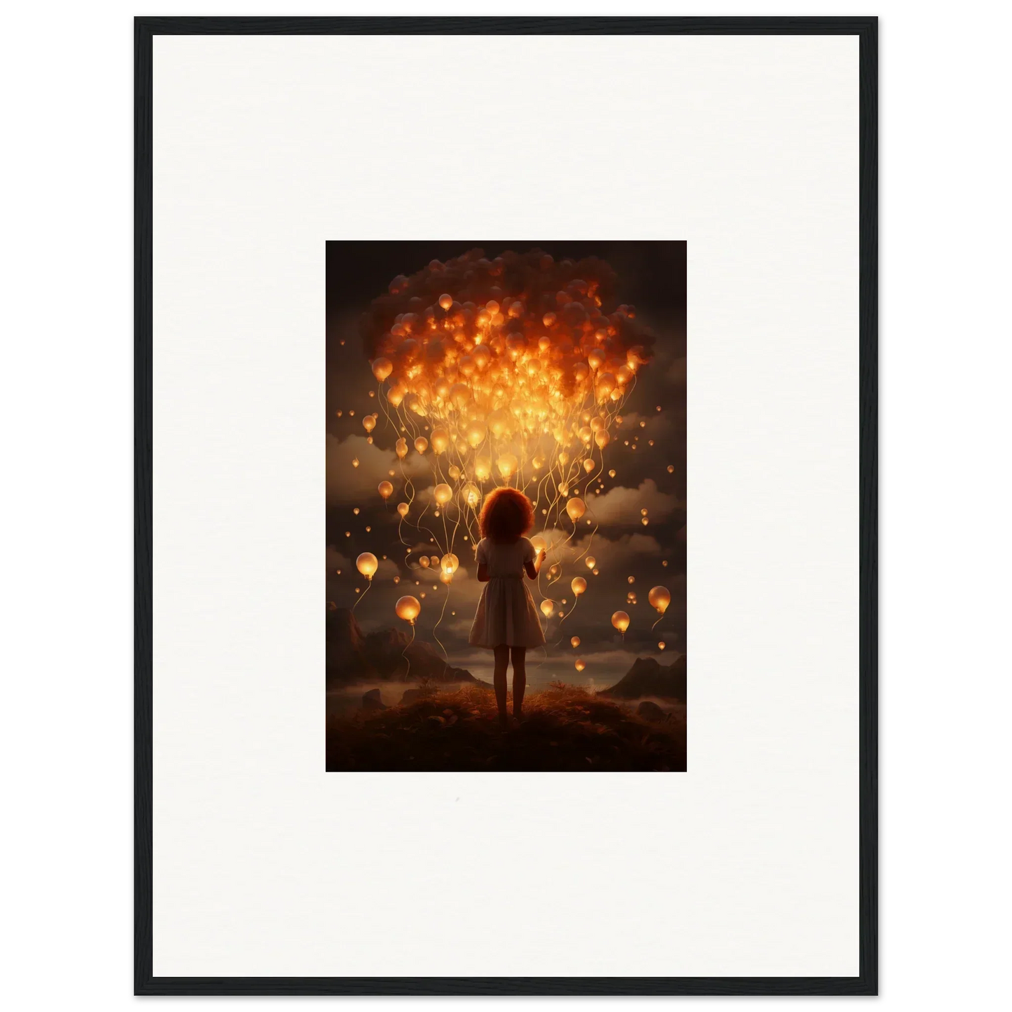 Silhouetted figure with glowing lanterns in Ethereal Dreams premium framed wall art