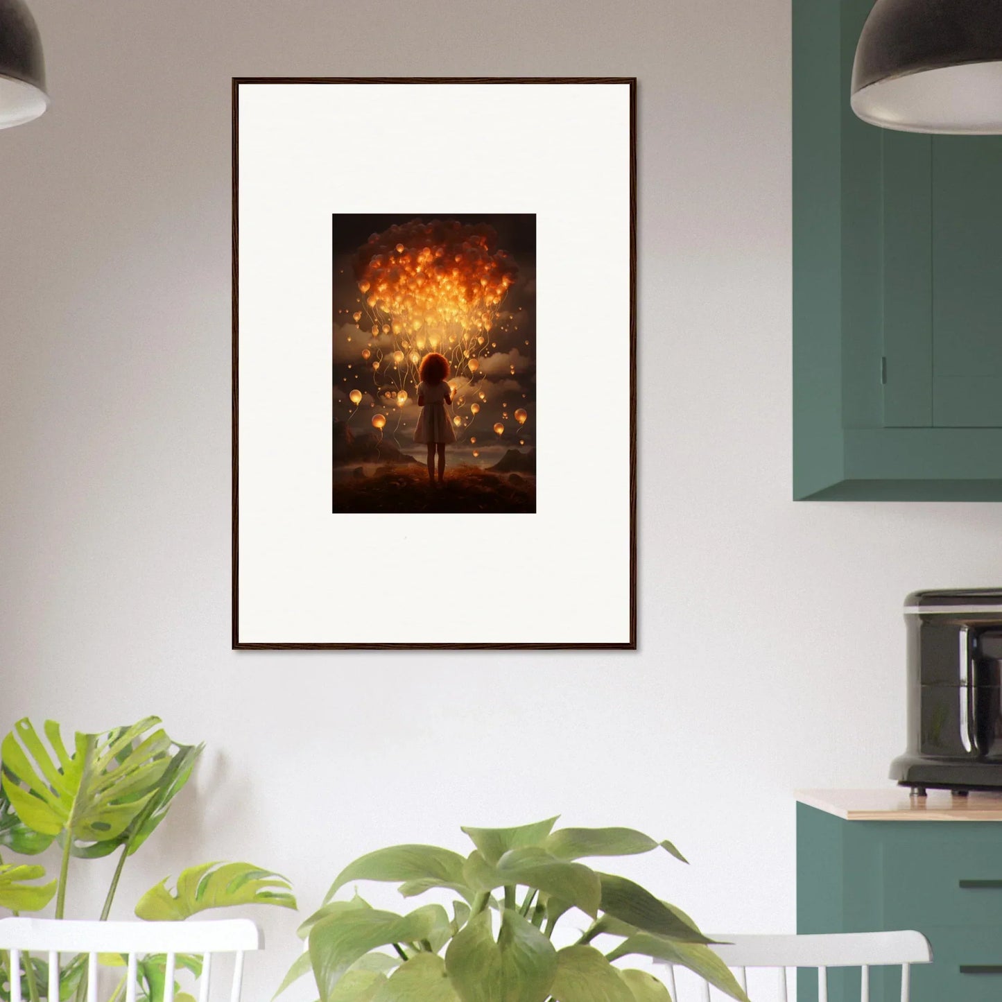 Ethereal Dreams: Framed artwork of a silhouetted figure against a glowing orange sky